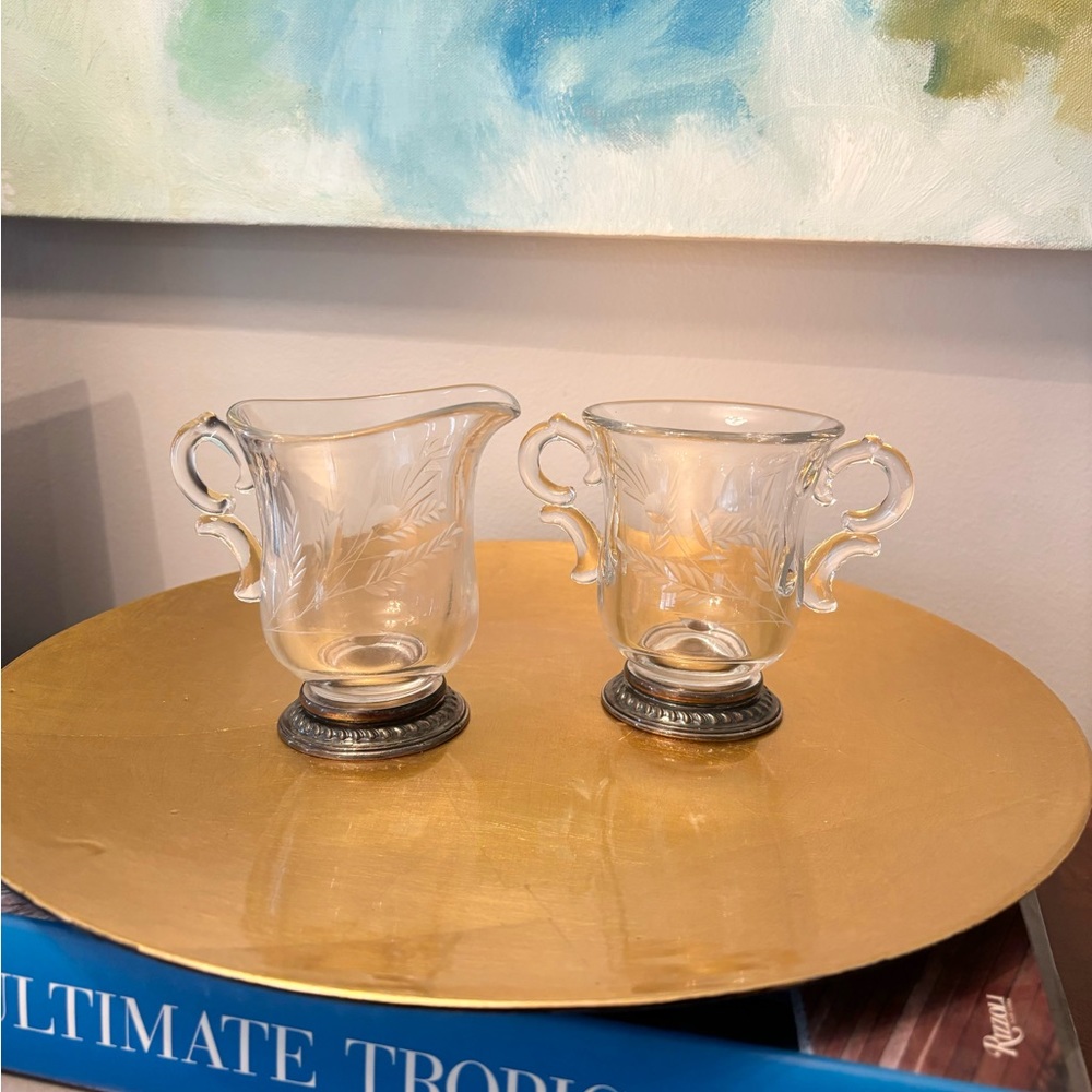 Etched glass sugar and creamer with sterling silver bases
